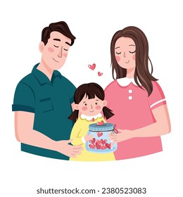 Ilustración vectorial de una familia joven. Ilustración de papá, mamá y su hija con un frasco de corazones
