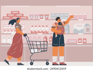 Vector illustration of a young family in a grocery store with mom and dad holding a baby in a carrier. A family scene in cartoon style, on a white background.