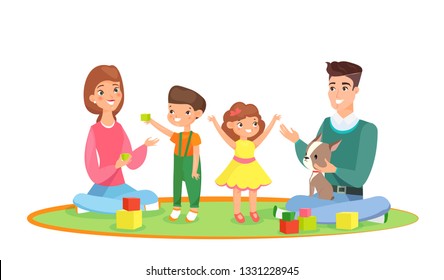 Vector illustration of young family with kids home playing on the carpet with baby boy and little girl. Parents with kids playing together in retro flat cartoon style.