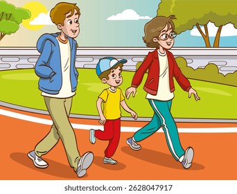 vector illustration of young family on morning walk