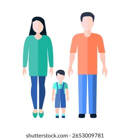 Vector illustration of a young family with parents and one child posing together.