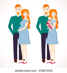 Vector illustration of young family. Pregnant woman and her husband. Happy parents with baby. Red-haired family