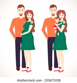 Vector illustration of young family. Pregnant woman and her husband. Happy parents with baby. Brown-haired family