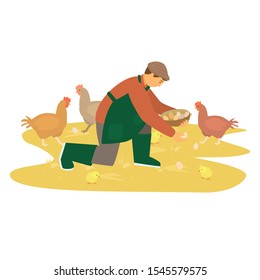 Vector illustration of young farmer in apron and wellington boots collecting chiсken eggs. Poultry. Eat local concept. Small business. Flat style.