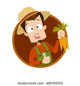 Vector illustration of young farmer holding carrot and showing thumbs up