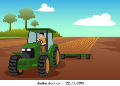 A vector illustration of Young Farmer Riding a Tractor