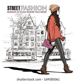 Vector illustration of a young fashion girl and old tram.