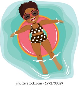 Ilustración vectorial de una joven mujer negra gorda con anillo inflable de natación en el agua