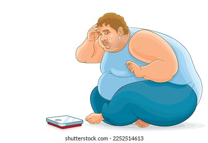 Vector illustration of young fat man upset sitting with weighing scale,looks unhappy,worrisome weight,excess weight problem,isolated on white,Health problems from obesity,Difficulty losing weight.