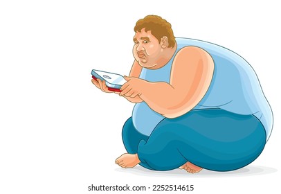 Ilustración vectorial de un joven gordo sosteniendo escalas y mirando con frustración, sentado infeliz, peso preocupante, problema de exceso de peso, aislado en blanco, problema de obesidad, dificultad para perder peso.