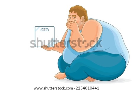 Vector illustration of young fat man covering mouth with hand while holding scales weight measure,sit comfortably on floor,isolated on white background,Health problems,Obesity,Weight loss.
