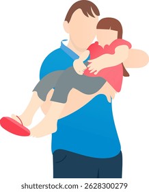 Vector illustration of a young father carrying his daughter. Flat design cartoon character.