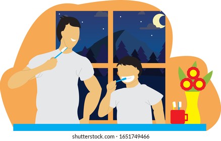 Vector illustration of a young father and his son brushing teeth together at night in the bathroom before going to bed