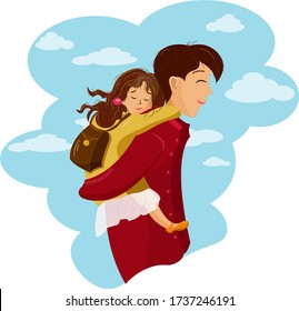 Vector illustration of a young father holding a baby girl on his back. Happy family on a sky background. Cute concept in flat style