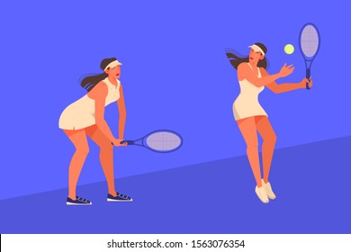 Vector illustration of young female athlete playing tennis Woman wearing tennis shoes and holding a racket and a ball throw a pitch