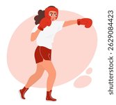 Vector illustration of a young female boxer in red gloves and headgear throwing a punch. Girl training in boxing, active lifestyle, self-defense, and sports concept in flat cartoon style