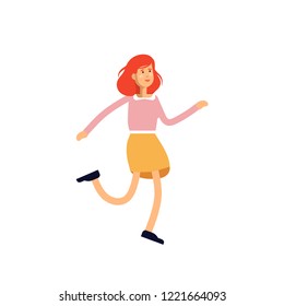 Vector illustration of young female character dancing in white background