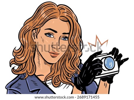 Vector illustration of a young female detective holding a camera with a flash icon. Pop art hand drawn on white. Editorial and advertising use for crime research paparazzi and investigation topics