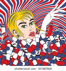 Vector illustration of a young female drowning in pills and medicals. Pop art style.