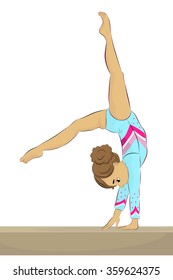 Vector illustration of a young female gymnast performing on balance beam, back walkover
