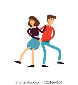 Vector illustration of young female and male characters are dancing in white background