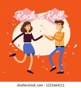 Vector illustration of young female and male characters in dance rock n roll class