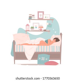 Vector illustration of young female in pajama sleeping peacefully on soft bed under shelves with books and decorations in cozy bedroom at home