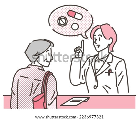Vector illustration of a young female pharmacist in a white coat explaining to an elderly female patient how to take her medicine.