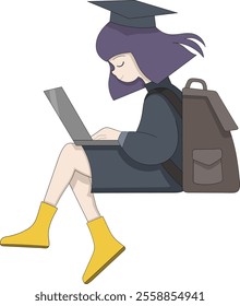 A vector illustration of a young female student with purple hair sitting with a laptop, wearing a graduation cap, a backpack, and bright yellow boots