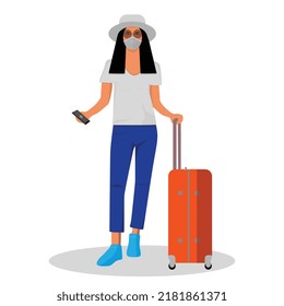 Vector illustration of a young female tourist traveling with a luggage bag and using a mask for health, going on a vacation trip. Tourist portrait collection. Travel and tourism concept.
