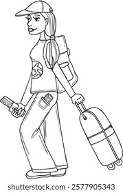 Vector illustration of young female traveler in a cap, carrying a rolling suitcase and backpack. She holds a passport and ticket, dressed in casual attire. Tourism theme doodle