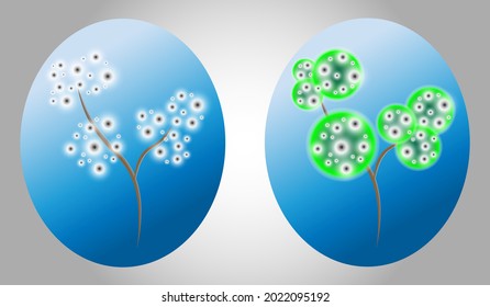 Ilustración vectorial. Un árbol joven y florido sobre un fondo azul de forma ovalada.