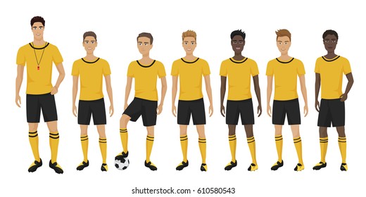 Vector illustration of the young football players team with coach trainer wearing the uniform. Soccer team.