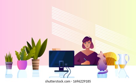 Vector illustration with young freelancer, cat, home plants, computer, juice jar. Remote work concept in flat style with female character working at home. Online education banner with copy space. 