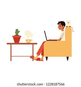 Vector illustration of young freelancer in slippers working with laptop at home sitting in armchair with his cat in flat style - isolated male character doing remote work or communicating online.