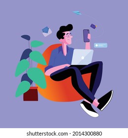 Vector illustration of young freelancer working from home.