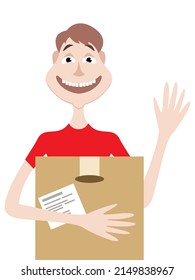 Ilustración vectorial - Un joven simpático hombre sonriente con una camiseta roja sosteniendo una caja de papel aislada. Servicio de entrega de conceptos