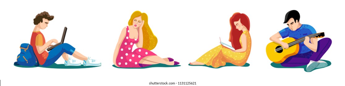 Vector illustration of young friends people with gadgets, backpacks, books, guitar. University students. People learn, relax. Students sitting on grass, read books, listen, play guitar, work on laptop