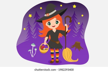 Vector illustration of young funny witch gathers mushrooms in the woods