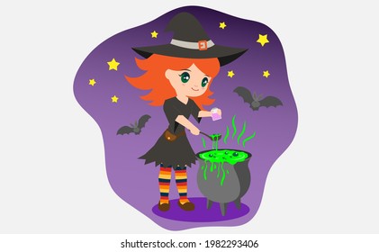 Vector illustration of young funny witch is cooking something poisonous in her cauldron, at Halloween night.