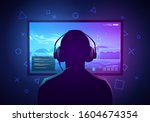 Vector Illustration Young Gamer Sit IN Front Of A Screen And Playing Video Game. Wearing Headphone. 