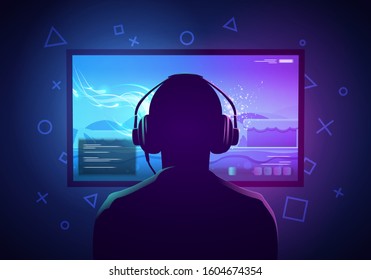 Vector Illustration Young Gamer Sit IN Front Of A Screen And Playing Video Game. Wearing Headphone. 