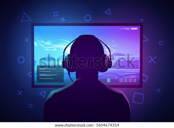 ベクターイラスト若手ゲーマーが画面の前に座り ビデオゲームをしている ヘッドフォンを装着 のベクター画像素材 ロイヤリティフリー