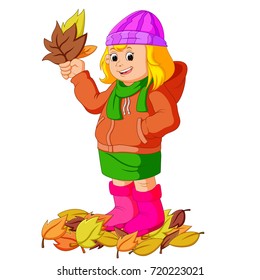 vector illustration of young girl with autumn leaf