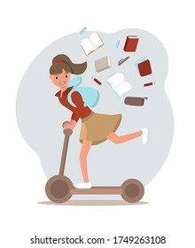 Vector illustration. A young girl with a backpack standing on a kick scooter. Books, pencils and papers fell out of her bag 