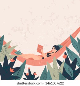 vector illustration of a young girl in a bathing suit lying in a hammock and reading a book surrounded by tropical plants