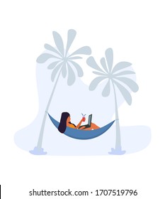 Imagen vectorial de una joven con traje de baño en una hamaca. Personaje viendo una película en un ordenador portátil. Viajar y disfrutar de unas vacaciones paradisíacas.