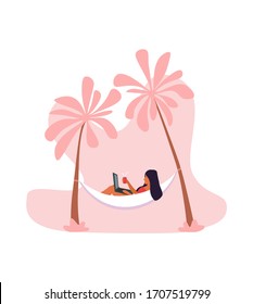 Vector illustration of a young girl in a bathing suit lying in a hammock. Character watching a movie on laptop. Traveling and tourism holidays paradise journey or trip.