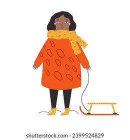Vector illustration of a young girl in a big jacket holding sledge. Flat graphic image isolated on white background
