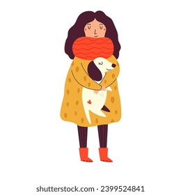 Vector illustration of a young girl in a big warm jacket and scarf holding funny dog, puppy. Flat graphic image isolated on white background